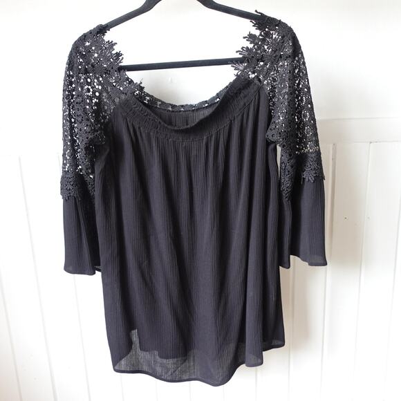Neiman Marcus Shirt Womens Large Black Lace Crochet Boho Peasant Top Whimsigoth - Picture 4 of 9